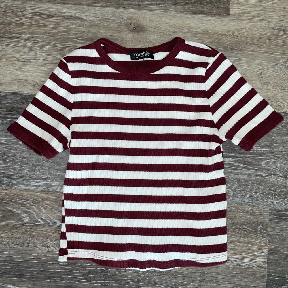 Top shop maroon and white striped cropped tshirt